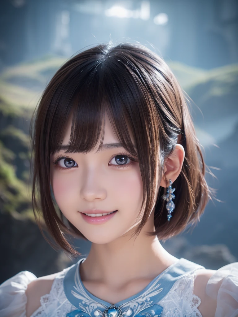 head shot,beautiful detailed eyes, droppy eyes,beautiful detailed lips, extremely detailed eyes and face, long eyelashes, 1japanese girl, fantasy character, (Final Fantasy, yuuna),smile,short hair,elegant white dress,break, blue long skirt,break,magical girl, highly detailed, fantasy landscape, dramatic lighting, glowing effects, mist, intricate details, volumetric lighting, cinematic composition, hyper realistic, 8k, best quality, masterpiece, photorealistic,Highres fix