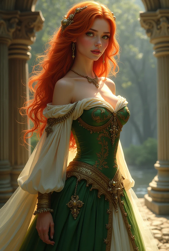 A magical princess, green slanted eyes, Waist-length red hair without frizz, beautiful body ,less chest and more buttocks, clothing like the middle ages 
