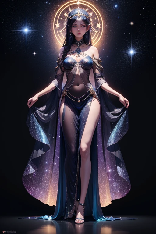 masterpiece, Beautiful Goddess of the Void, Under the stars at night、A mysterious figure in glittering clothes standing on an iridescent floor, Disappearing Transparent Pants, Full body standing, Tall figures, Thin legs, Facial details, Body parts details, 8k wallpaper