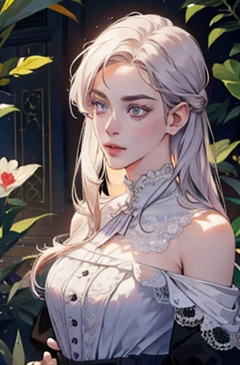an angry victorian era woman in her early 30's wearing white coat surrounded by plants, straight white shoulder length hair, striking purple eyes, detailed realistic portrait, photorealistic, hyperrealistic, 8k, detailed clothing, beautiful detailed eyes, beautiful detailed lips, extremely detailed face, intricate ornate details, cinematic lighting, dramatic shadows, warm color tones, natural lighting, highly detailed, masterpiece, artstation, sharp focus, hyper detailed, half body,