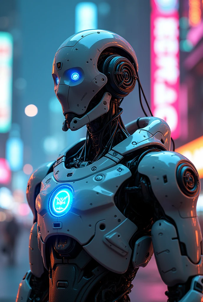 A futuristic, cyberpunk-inspired scene where a robotic man, made up of various metallic and mechanical parts, is standing next to a sleek, neon-lit stick machine. The man has a glowing, neon-blue visor that covers his eyes and a holographic display on his chest. The overall ambiance is illuminated by vibrant neon colors and a futuristic cityscape in the background, giving a sense of technological advancement and urban life.