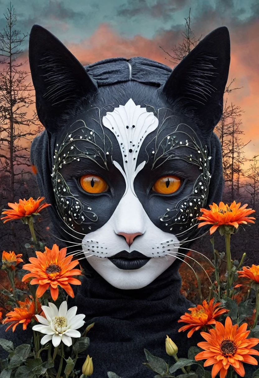 Create a surreal digital art piece of a dual-faced figure. the face should be mixed of dark, adorned with vibrant orange flowers, a black cat, and a forest and other side should be light, decorated with white flowers, teardrops, and an urban skyline at sunset. Ensure the eyes are a striking, fiery orange, with a mix of elements blending seamlessly at the center. The overall mood should convey a blend of nature and emotions, with a touch of mystique and fantasy.