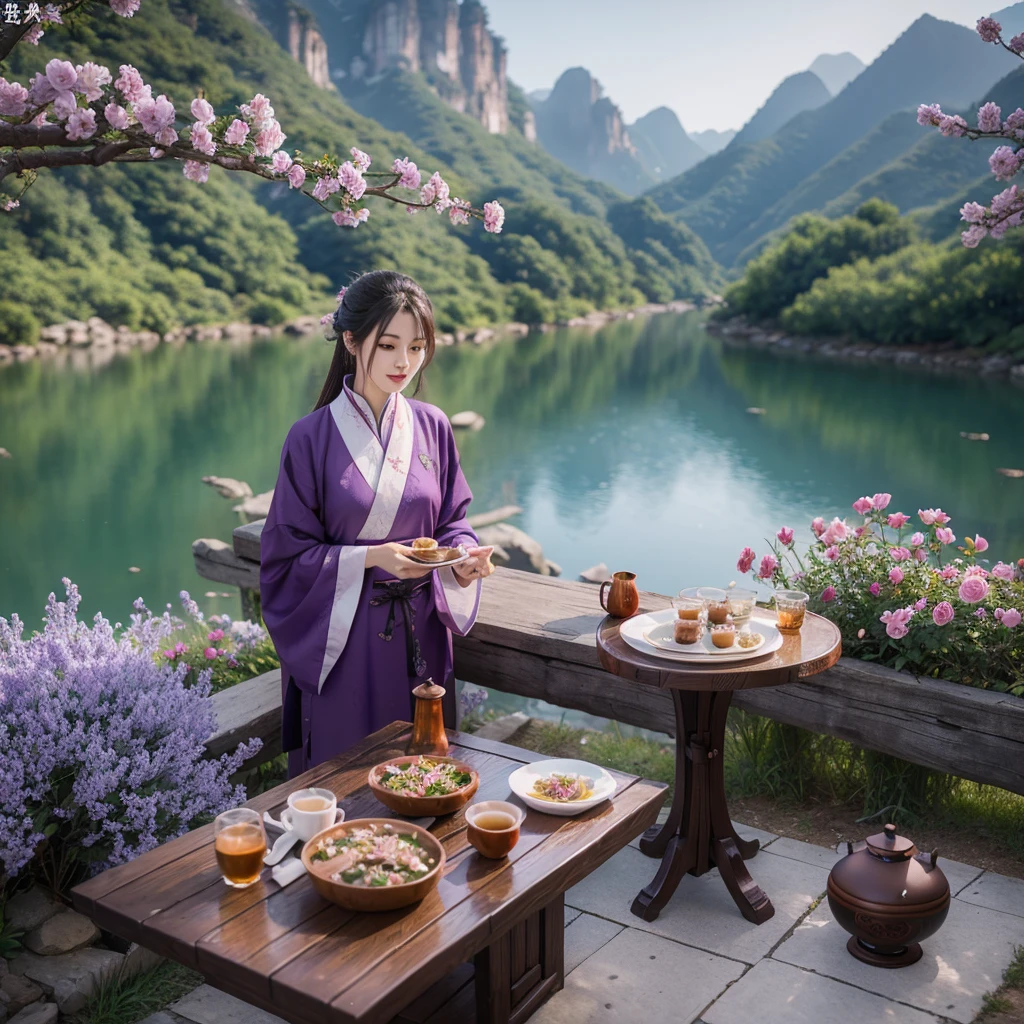 9 purple roses,Qixi Valentine's Day,Drink Wuyi Rock Tea,Kung Fu tea、Outdoor Still Life,Between Mountains and Rivers,Realistic style