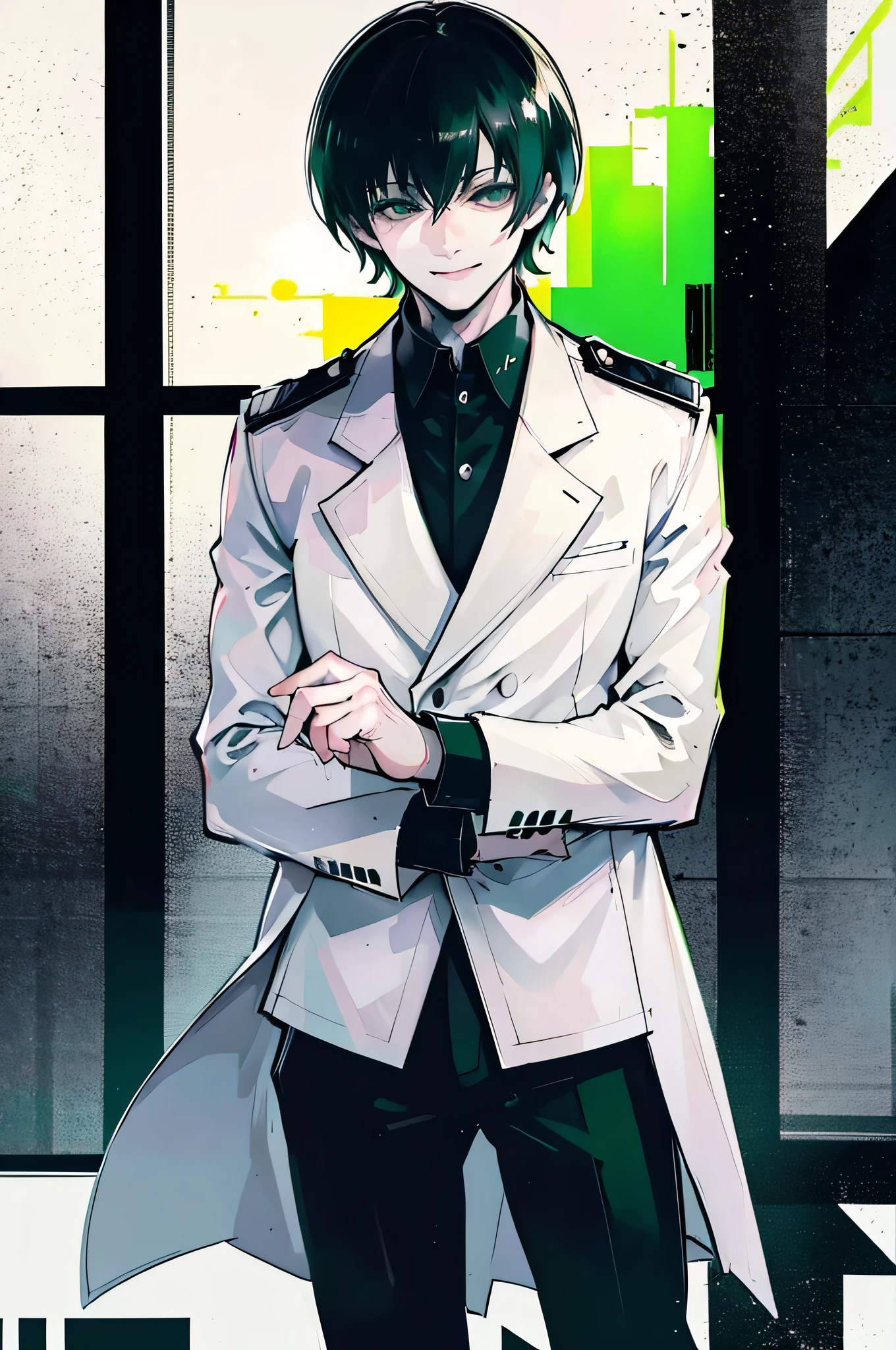 Young people, black Medium Hair, Green Eyes, smile, Medium Hair, Wearing a pure white trench coat, Wearing black pants, In a city, 4K, detailed, Ishida Sui&#39;s art style, detailed eyes,
