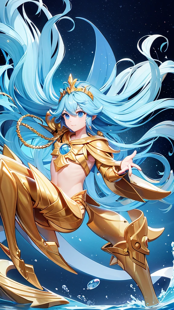 A man water god floting in sea water , a god legs are like a fish fin and has boby was a human , his had a golden crown and sea water waves are saround near by the character