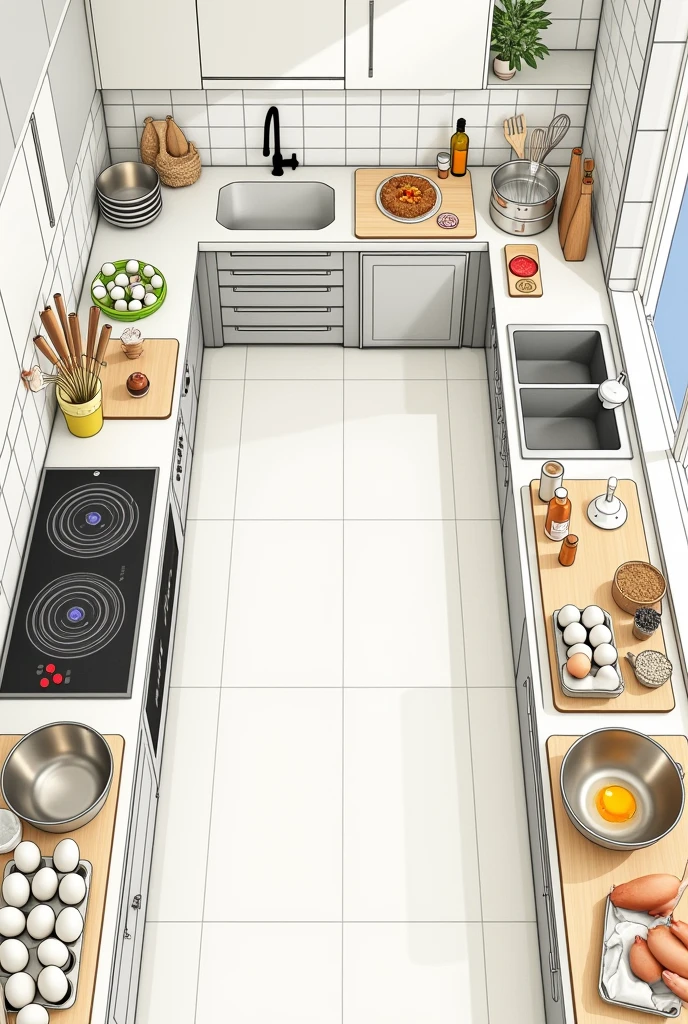 drawing a kitchen layout egg preparation with tools and equipment of egg preparation 
