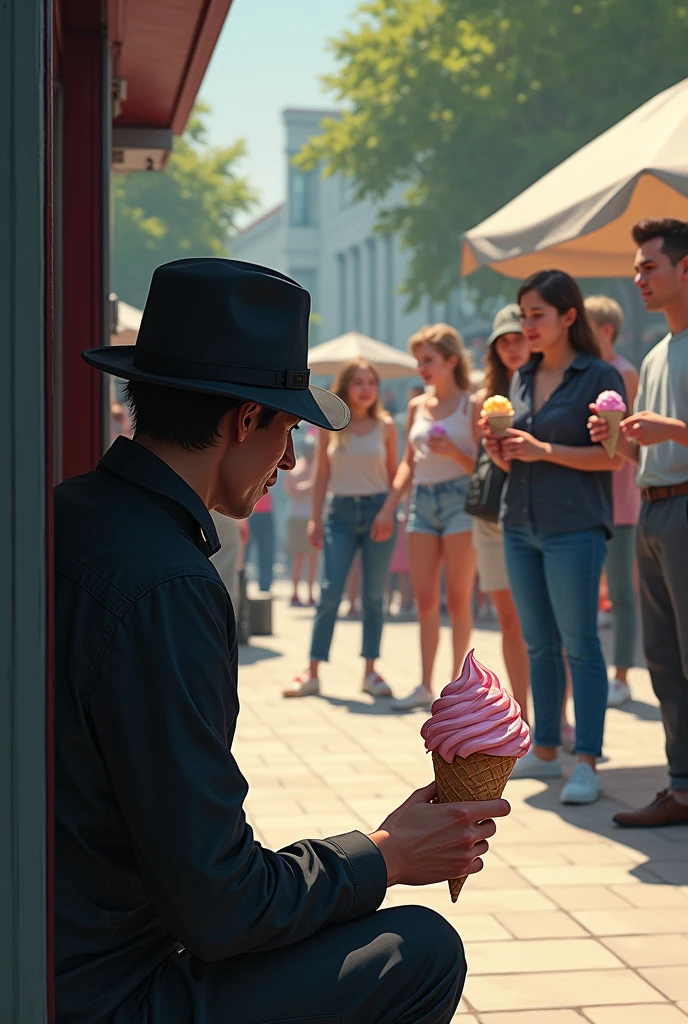 Sneak sit and fornt of looking people stand and eat ice cream