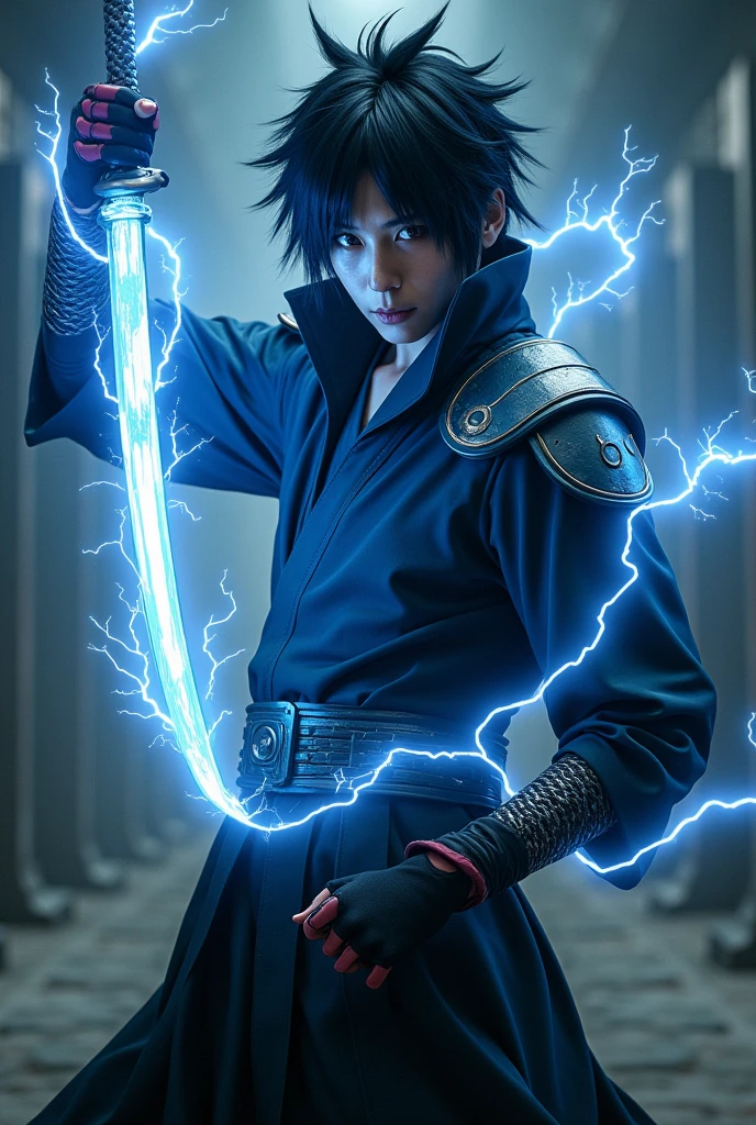 cosplay sasuke, electric effect sword, with susanoo