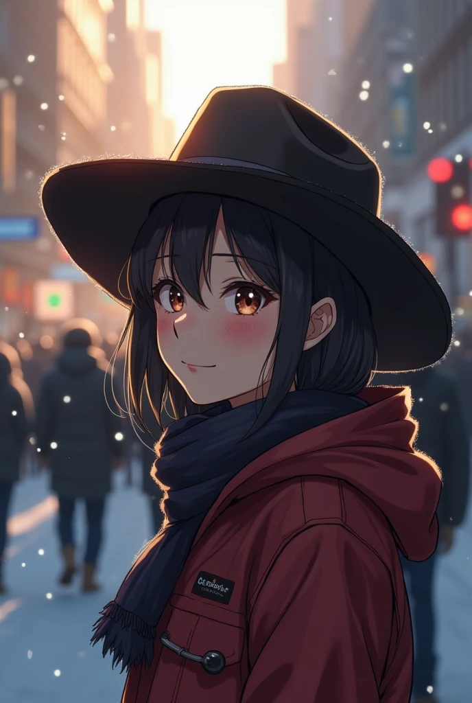 (morning), 1 girl, only, looking at the audience, winter, cowboy shot, (city center), cowboy shot, ssmile, Bblack hair