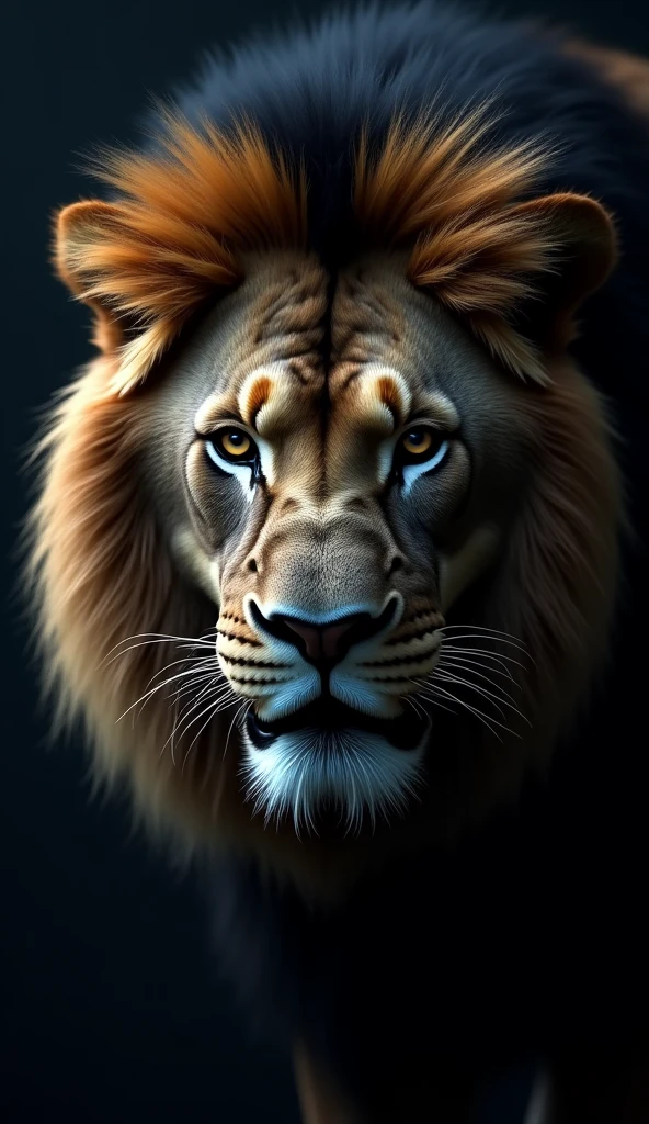 "Create an ultra-realistic, high-resolution 8K image of a powerful lion with a strong, cold, and menacing expression. The focus is entirely on the lion's face, highlighting the intensity and fierce demeanor in its features. The lion's fur is detailed with precision, showcasing the thick, dark mane that frames its face, adding to its formidable presence.

The lion's eyes should be narrow and piercing, with a dark, threatening gaze that conveys a sense of danger and calculated malice. The expression on the lion’s face is one of pure menace, with a slight curl of the lip revealing sharp teeth, as if it’s ready to attack at any moment. The overall look is designed to strike fear, capturing the essence of a predator that is both intelligent and ruthless.

The background is dark and minimalistic, ensuring that the lion's face remains the central focus. The lighting is dramatic, casting deep shadows that enhance the sharpness of its features and the texture of its fur, while subtle highlights bring out the cold glint in its eyes. This image should evoke a sense of awe and fear, portraying the lion as a powerful and dangerous creature."