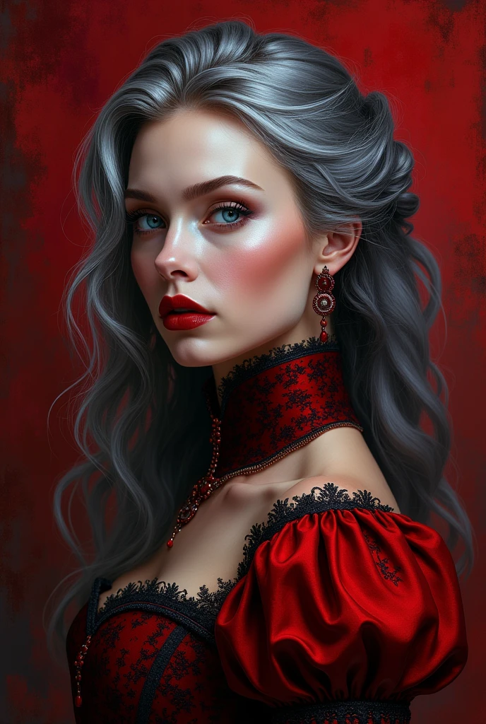 make a cover for a book the red and black duchess just the letters of the duchess but with gray hair and blue eyes 