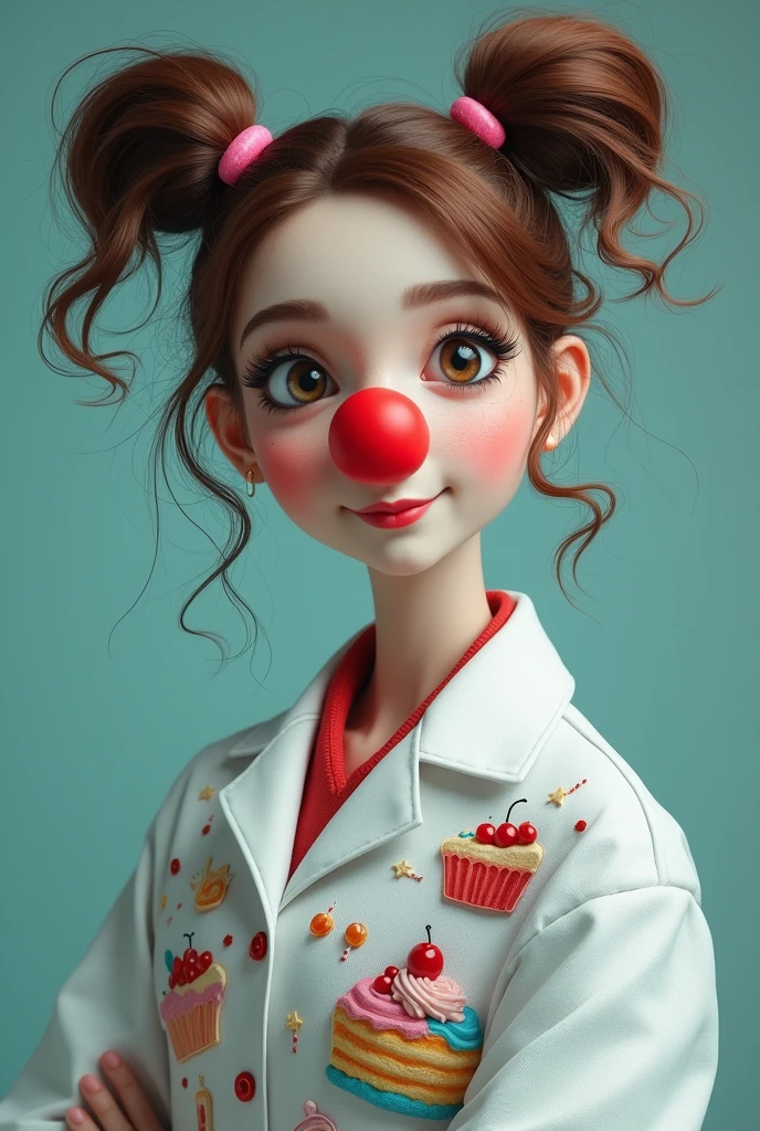 Female doctor in white coat and clown costume with drawings of sweets and cakes ,who wears a red nose and has brown hair with two pigtails .