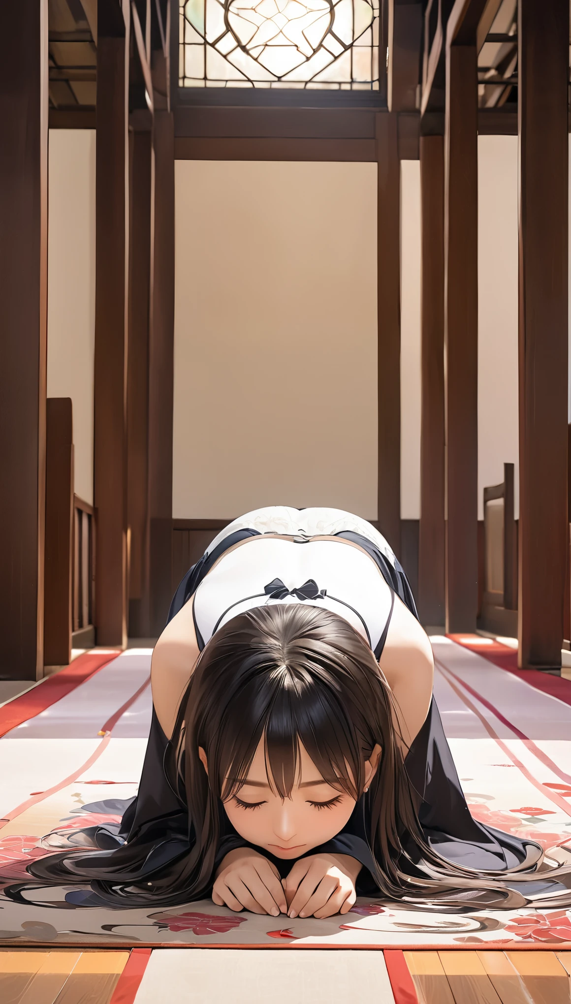 (masterpiece, Highest quality:1.2), One Girl, alone,Bony body、、Prostration、lower one's head、Prostration、From above、take a bow、seiza、On the floor、Rest your forehead on the floor、Lie down、Prostrate, Side lock hair