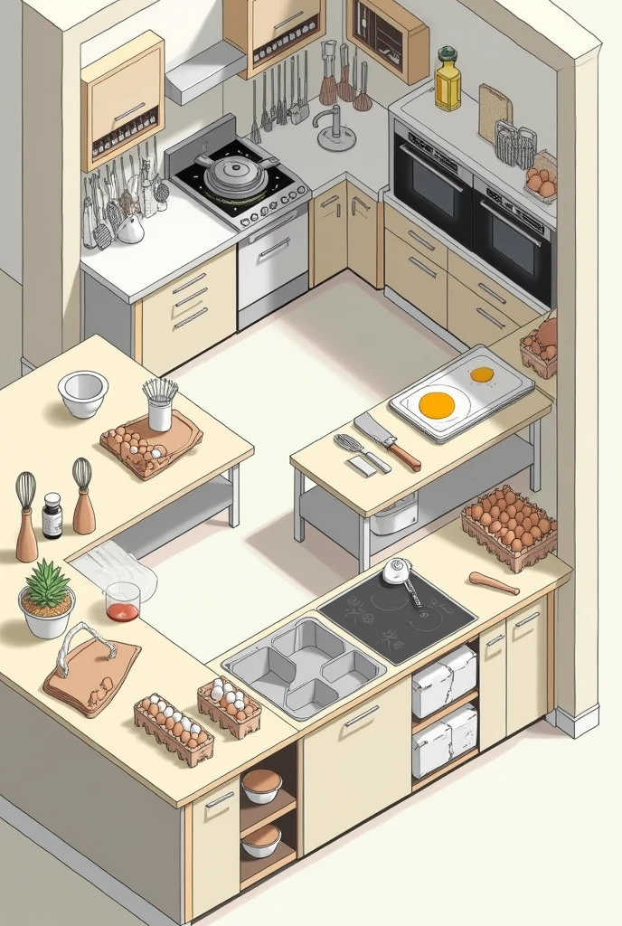 drawing a kitchen layout egg preparation with tools and equipment of egg preparation
