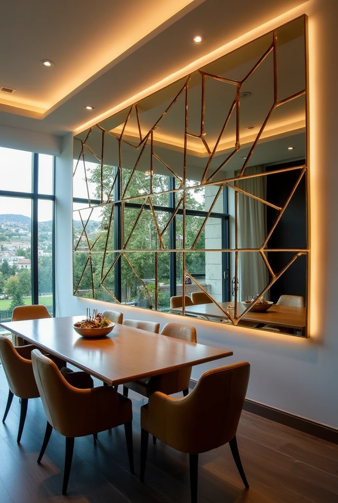 Mirror that covers an entire wall located in a dining room. The mirror is made up of several large mirrors with different shapes and separated. The spaces between each mirror that have indirect LED lighting, make the gaps between the mirrors larger