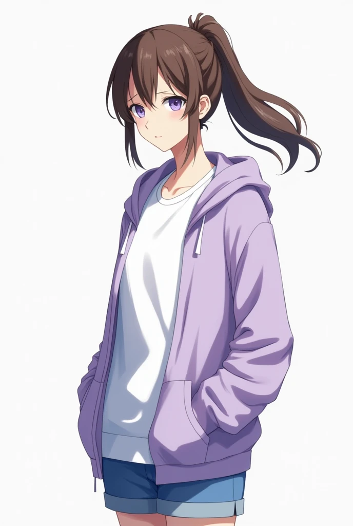 A girl with long brown hair and a ponytail, 163cm tall。
A cool, sharp face with blue-purple eyes、no highlights。
White T-shirt、He was wearing a light purple hoodie and blue shorts.。
I don't need breasts
