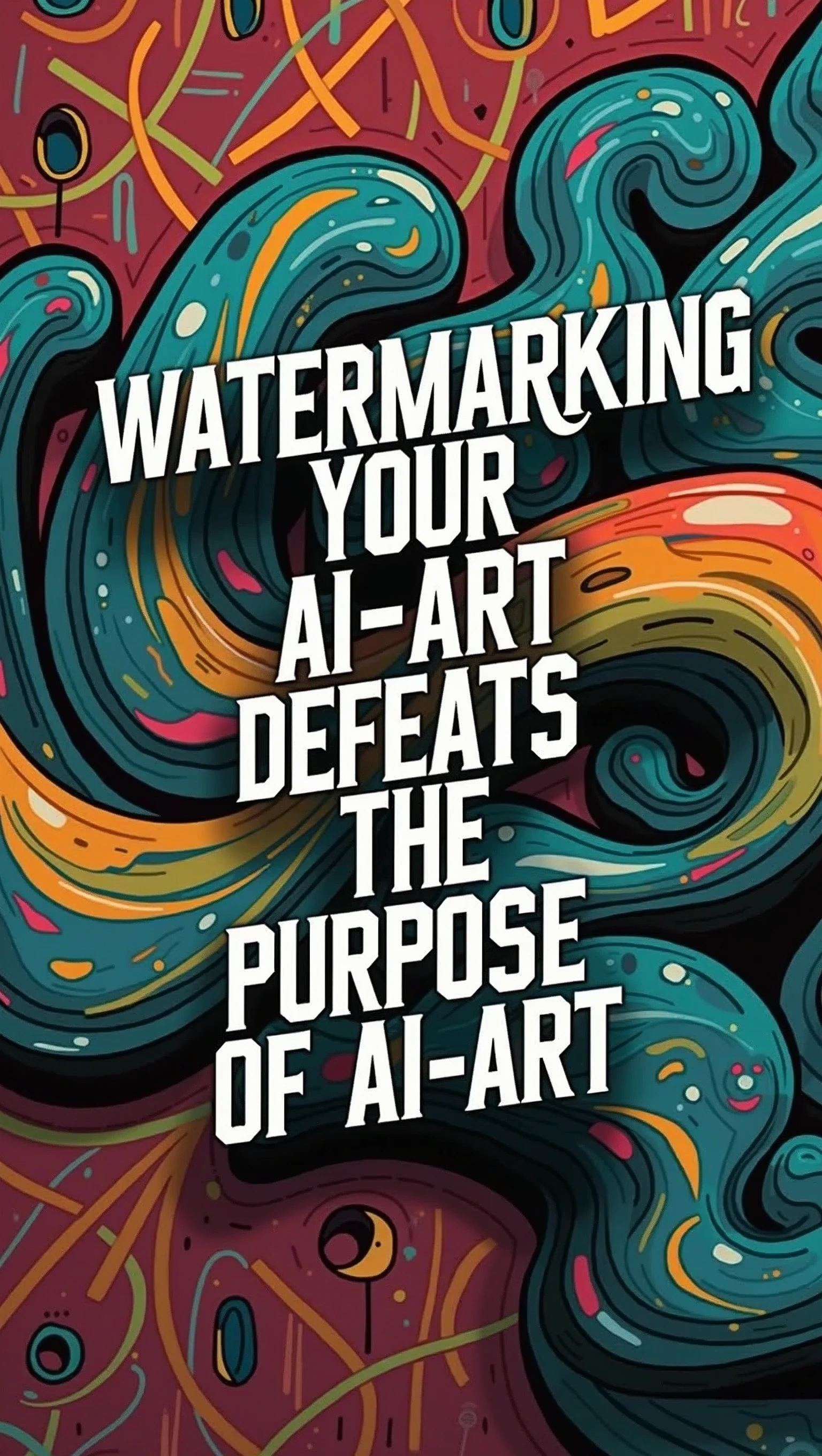 A striking AI-generated poster with bold, vivid colors and striking typography. The central text, "watermarking your AI-art defeats the purpose of AI-art," stands out in a modern, futuristic font. The background features a graffiti-like design with abstract shapes and patterns, reflecting the creative potential of AI-art. The overall message promotes the free expression and uninhibited exploration of AI-generated art, emphasizing its unique qualities.