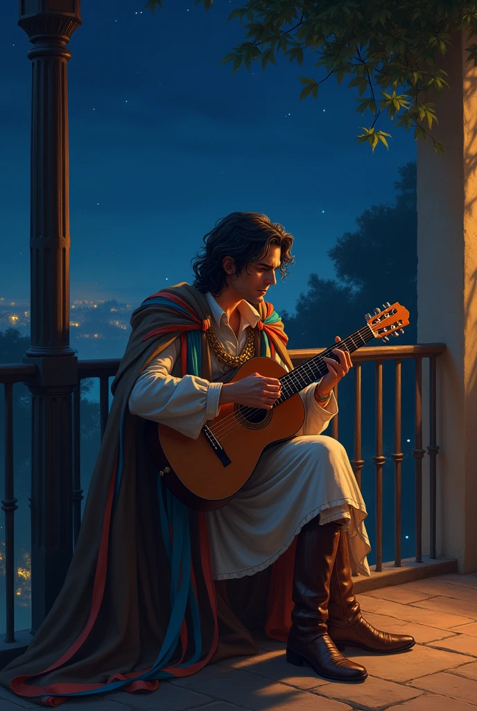 Create an image of a minstrel with a cape and ribbons and a scholarship sitting with his guitar, watching his guitar next to the balcony at night, in high definition.