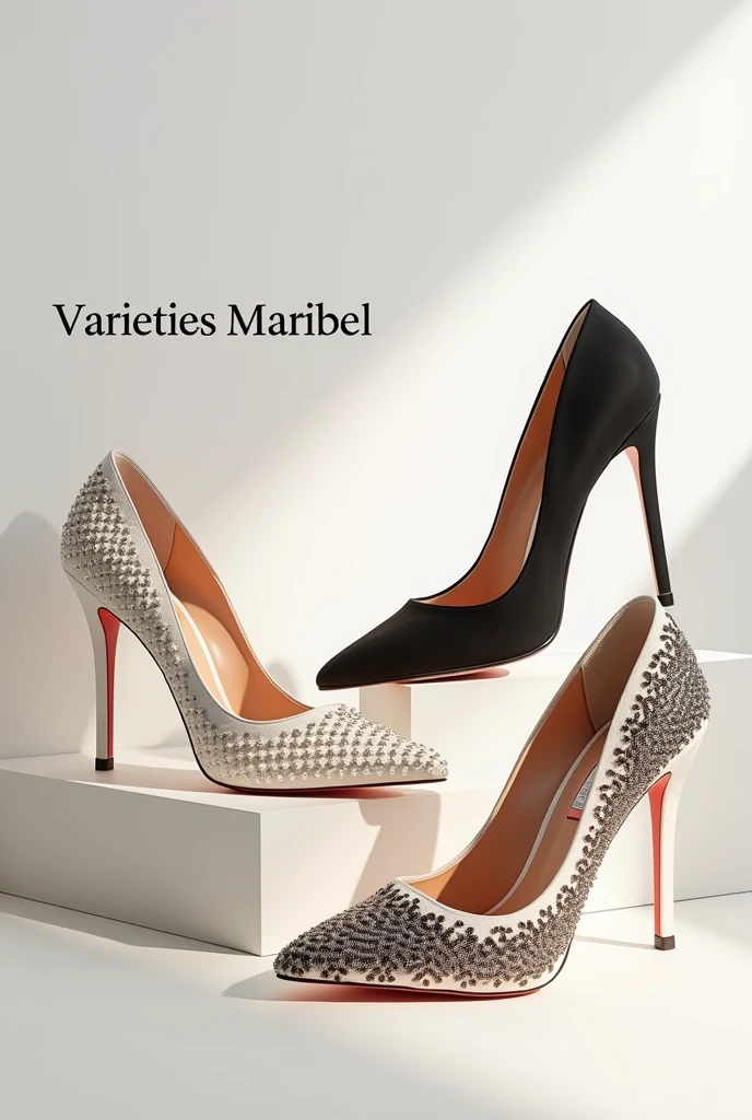 Create an image with two high heel shoes with the word varieties Maribel 