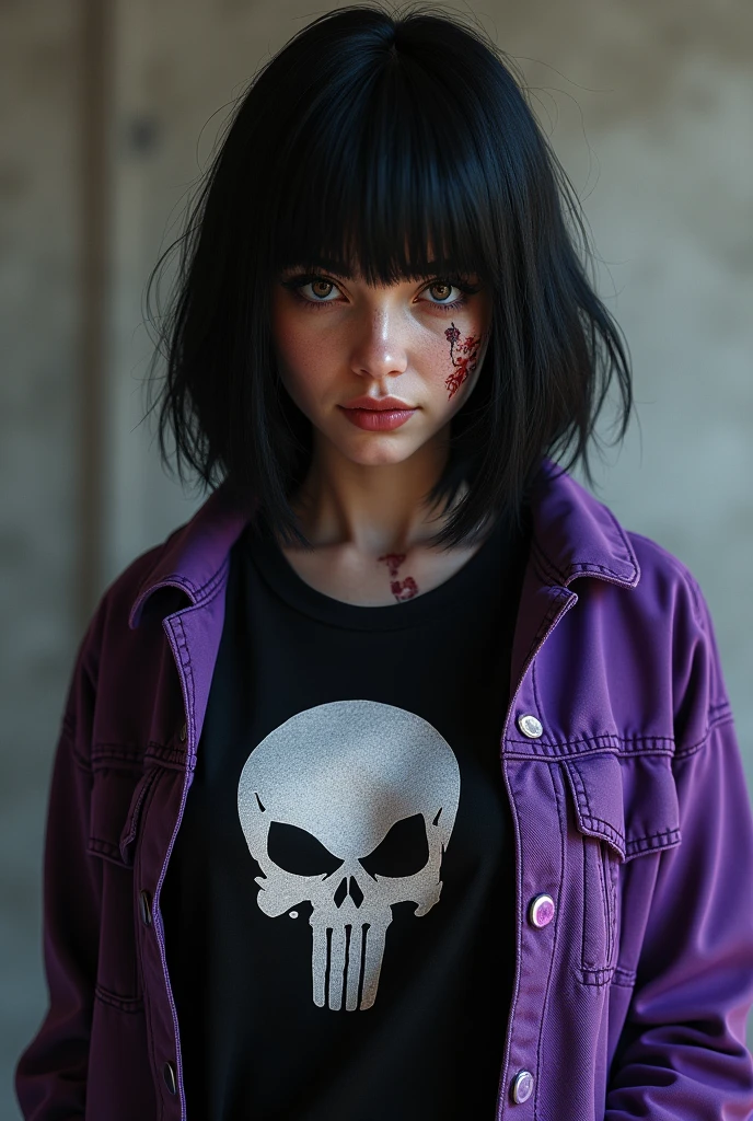 Caucasian female,straight bob hair,scar on the left side of the face,black t-shirt with skull symbol,purple denim jacket