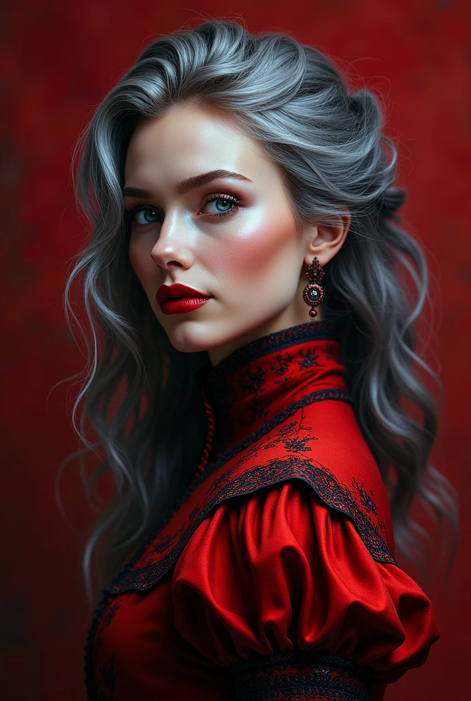 make a cover for a book the red and black duchess just the letters of the duchess but with gray hair and blue eyes full body 

