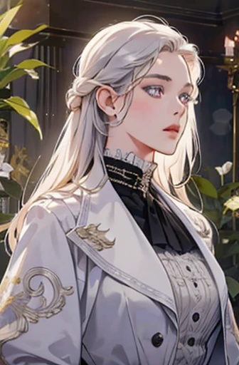 a determined victorian era woman in her early 30's wearing white coat, scholarly, surrounded by plants, straight white medium-length hair, striking purple eyes, detailed realistic portrait, photorealistic, hyperrealistic, 8k, detailed clothing, beautiful detailed eyes, beautiful detailed lips, extremely detailed face, intricate ornate details, cinematic lighting, dramatic shadows, warm color tones, natural lighting, highly detailed, masterpiece, artstation, sharp focus, hyper detailed, half body