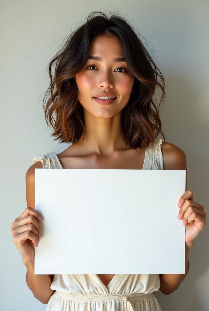 Beautiful girl with wavy long hair, bohemian dress, holding a white board with text "I Love Seaart Infinity" and showing it to the viewer
