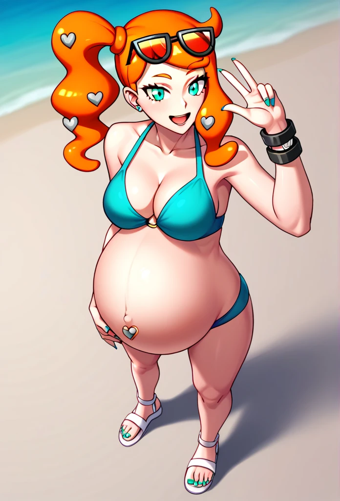 score_9, score_7_up BREAK solo,EPpkSonia,orange hair, side ponytail, aqua eyes, long hair, eyewear on head, sunglasses, heart hair ornament, aqua bikini, pregnant , big belly, Belly button piercing, cleavage, bracelet, collarbone, blue panties, nail polish, aqua nails, aqua toenails, Background beach, Posing, happy, white sandals, rubbing belly, Belly piercing