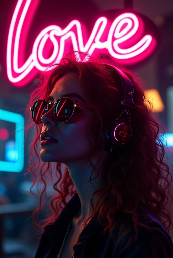 Brown hair . beautiful woman with curly hair Volume and sunglasses in headphones - earphone surrounding dark room neon cyberpunk at night coordinator neon glow,In the room the sign glows and shimmers in neon light"I love infinity"Anime style,Beautiful colors,Living picture,masterpiece,detailing