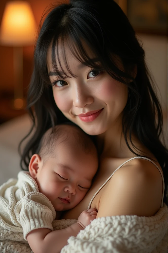 (Highest quality、Tabletop、8k、Best image quality、Award-winning works)、(An 18-year-old Japanese mother holding her baby:1.3)、(Face close-up:1.1)、Big Breasts、Accentuate your body lines、Ultra HD Hair、Ultra high resolution perfect beautiful teeth、The most beautiful smile is looking at me、Ultra-high definition beauty face、Ultra HD Hair、Ultra HD Shining Eyes、Shining ultra-high definition white skin、Super high quality glossy lip、(Accurate anatomy:1.2)、(Extremely blurry background of a bedroom in a high-end brothel:1.1)、(Strongly blurred background:1.1)、Luxury wall decor、Luxury Interior、(Royal VIP bedroom of the highest class brothel:1.2)、(Moody and lewd brothel lighting:1.1)