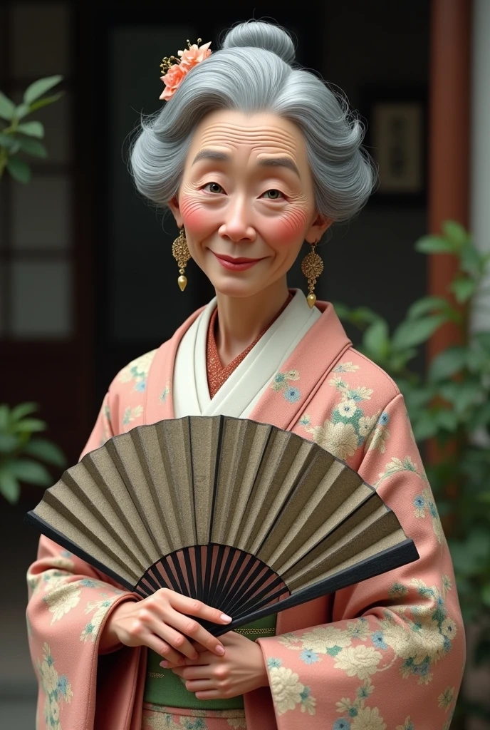 One grandma、70 years old，kimono ,Gray Hair, Green Eyes, Iron fan