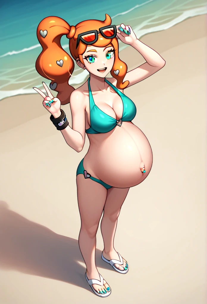 score_9, score_7_up BREAK solo,EPpkSonia,orange hair, side ponytail, aqua eyes, long hair, eyewear on head, sunglasses, heart hair ornament, aqua bikini, pregnant , big belly, Belly button piercing, cleavage, bracelet, collarbone, blue panties, nail polish, aqua nails, aqua toenails, Background beach, Posing, happy, White sandals, Rubbing belly, 