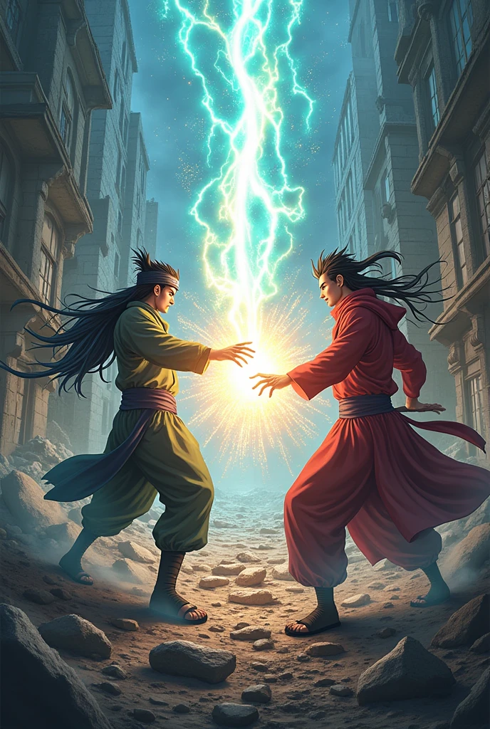 gojo vs madara, deathmatch, magnificent effects, ruined city background 