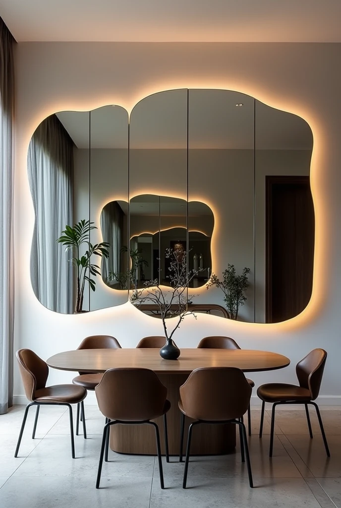 Mirror that covers an entire wall located in a dining room. The mirror is made up of several large mirrors with different shapes and separated. The spaces between each mirror that have indirect LED lighting, make the gaps between the mirrors larger. Make a front view