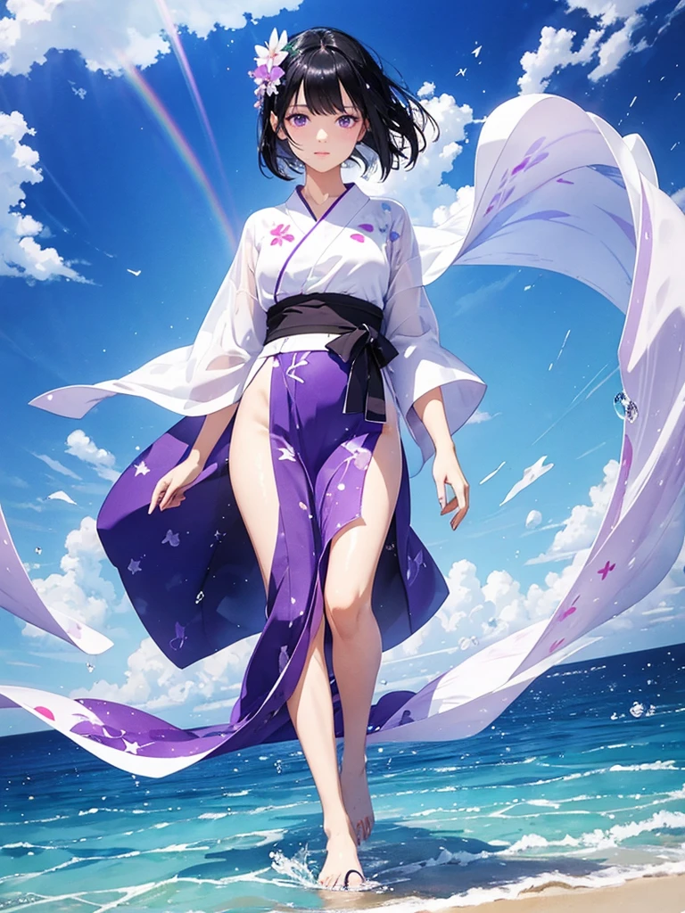 a woman with black hair and beautiful purple eyes, wearing a white yukata, walking on a transparent sea with a mirror-like beach, background with splashes of water, full-body illustration, rainbow-colored halation, sparkling wind, beautiful watercolor painting illustration