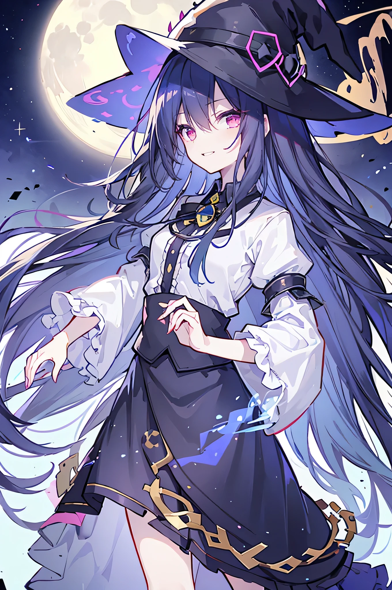 oung Girls,Humanity,A magician always smiles,big witch hat,cute,dark blue long hair,The eyes are dull,The bangs are heavy,Thin eyebrows,fantasy,intake,Double teeth,Star Theme,Constellation pattern,Solid color clothetal decoration,cloak,A bit of a dark atmosphere,A little crazy smile,When the big moon shines outside at night,blood,Hair black star embellishment,Short tie,No nails,High waist skirt,Bell sleeves,Long-sleeved shirt,Black tie,low risk,gentlemen。Mist、Yellow and white effect，Shocking pink as an accent color