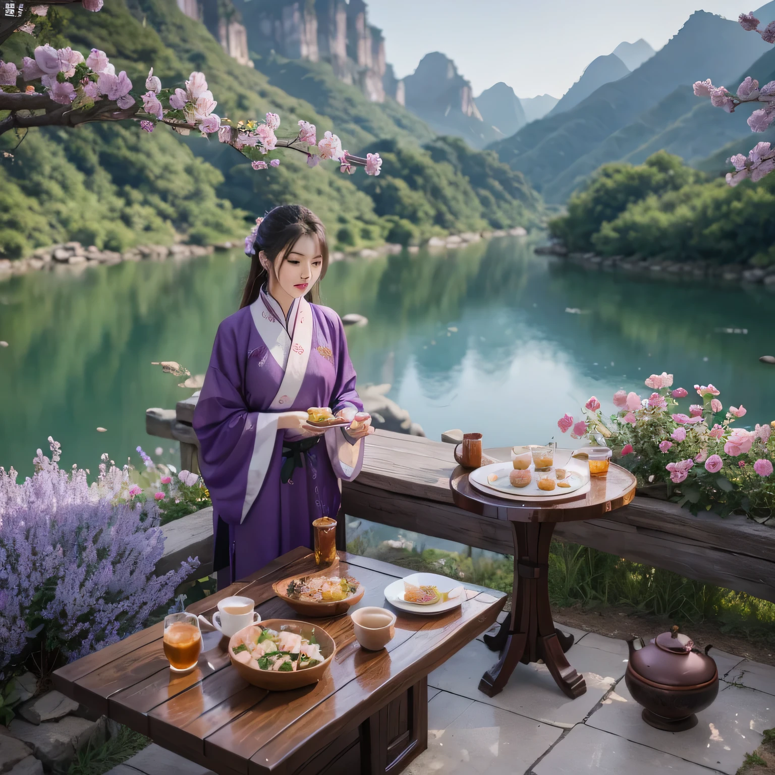 9 purple roses,Qixi Valentine's Day,Drink Wuyi Rock Tea,Kung Fu tea、Outdoor Still Life,Between Mountains and Rivers,Realistic style