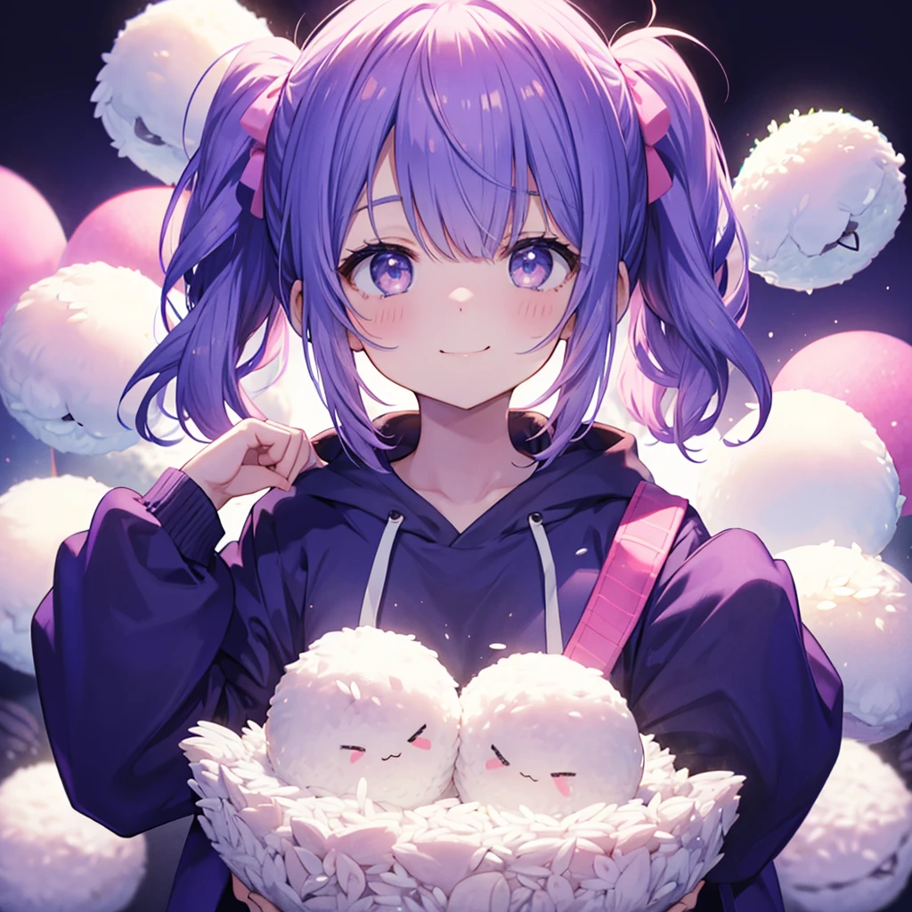 One woman,Young,((Holding with both hands,Close-up,Large rice balls)) Twin tails,Pink Mouth Open,Smile Blue Hoodie