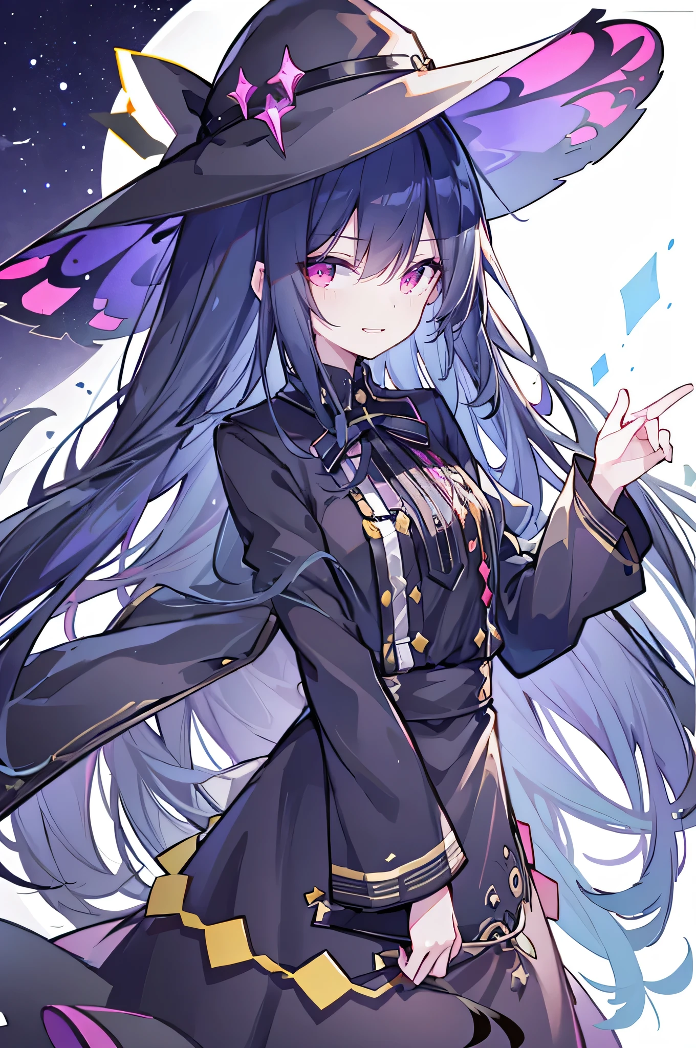oung Girls,Humanity,A magician always smiles,big witch hat,cute,dark blue long hair,The eyes are dull,The bangs are heavy,Thin eyebrows,fantasy,intake,Double teeth,Star Theme,Constellation pattern,Solid color clothetal decoration,cloak,A bit of a dark atmosphere,A little crazy smile,When the big moon shines outside at night,blood,Hair black star embellishment,Short tie,No nails,High waist skirt,Bell sleeves,Long-sleeved shirt,Black tie,low risk,gentlemen。Mist、Yellow and white effect，Shocking pink as an accent color