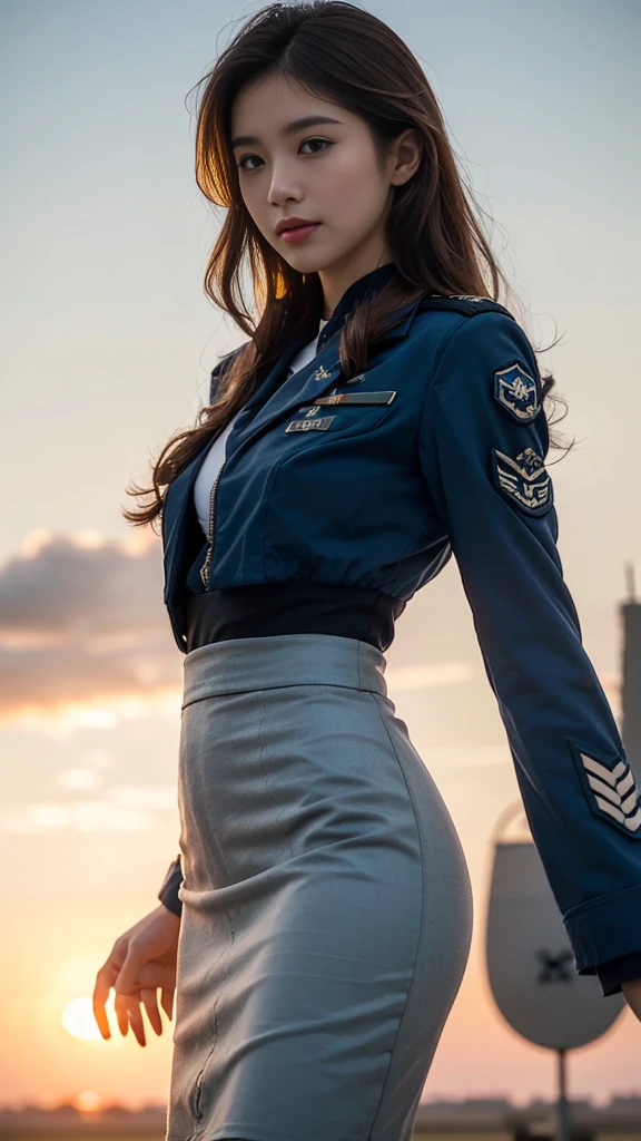 (highest quality, 8K, 32k, masterpiece, uhd:1.2), (realistic:1.5), (masterpiece, Highly detailed CG Unity 8K wallpaper, highest quality, High resolution:1.2), (Super detailed, uhd:1.2), Photo of extremely cute and beautiful Japanese woman, (Long wavy chestnut hair:1.2), adult, (detailed beautiful girl:1.4), highest quality, woman, adult, (Detailed US Air Force Pilot Uniform:1.5), (Pilot Captain Jacket:1.3), (High waist pencil micro skirt:1.3), (Beautiful sunset us air force base runway view background:1.2), (mig 29、F-22、air force plane)laugh shyly:1, looking at the viewer, towards the audience, ((Perfect woman's body)), (tight waist:1.0), (Image of the whole body), thin, abs, beautiful body, big ass and big breast, (medium breasts:2.25), assemble the head, wind, dynamic pose, cinematic light, Backlight, fine clothes, perfect anatomy, perfect proportions, detailed human body, Stylish model in sexy bent over One hand is raised in the air, pose,soft expression、smile、Sexy slit thighs and beautiful legs、A sneak peek of abs、A glimpse of her no underwear , Besides have a Myanmar National Flag and Myanmar Camara form behind.