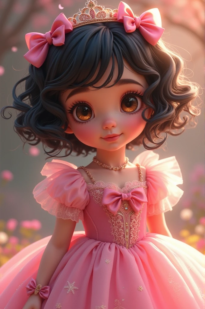 ten year old black short black curly hair, eyes browns. Wearing a puffy pink princess dress