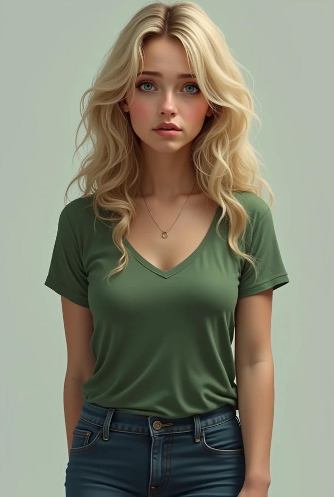 1girl, solo, blonde, long wavy hair, blue eyes, kind gaze, sad gaze, green top, blue jeans, bangs pushed back, mature, full body
