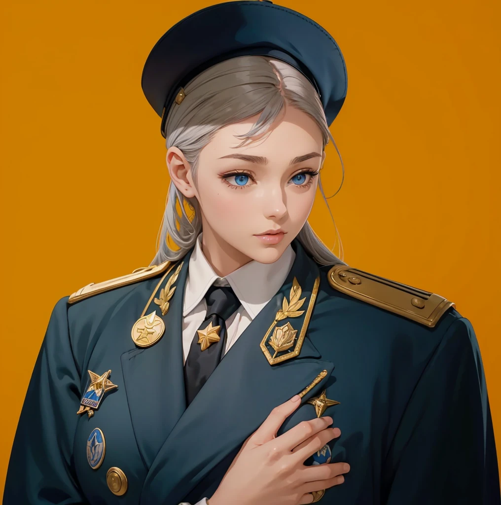 Female, (exceptional, best aesthetic, new, newest, best quality, anime, waifu:1.2), master piece, best quality, absurdres, highres, good anatomy, pretty face, ultra detailed, (1girl:1.3), colored, 1 girl, female, blue eyes, grey hair, peaked cap, red part on the cap, star insignia on the cap, coat, golden shoulder piece, lautel leaves, inside white shirt, black tie, star badge on the tie, looking directly at user, no hands