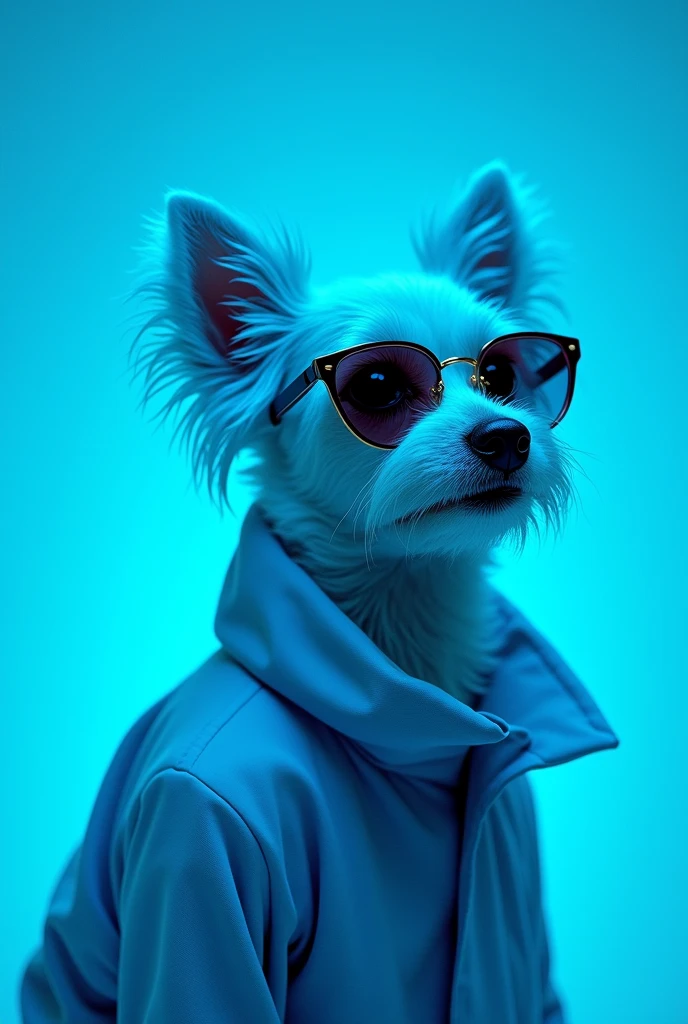 The best cell phone wallpaper, Award-Winning Wallpaper, portrait photography, In the front view is a portrait of a cute dog wearing mid-1960s space age fashion, Side view photo, Shot with Canon EOS R5, Set a strong contrast that accentuates the subject, Fluorescent blue tone, Wearing a very modern coat and sunglasses is a modern 1960s style, Clothes all in one color, beautiful background