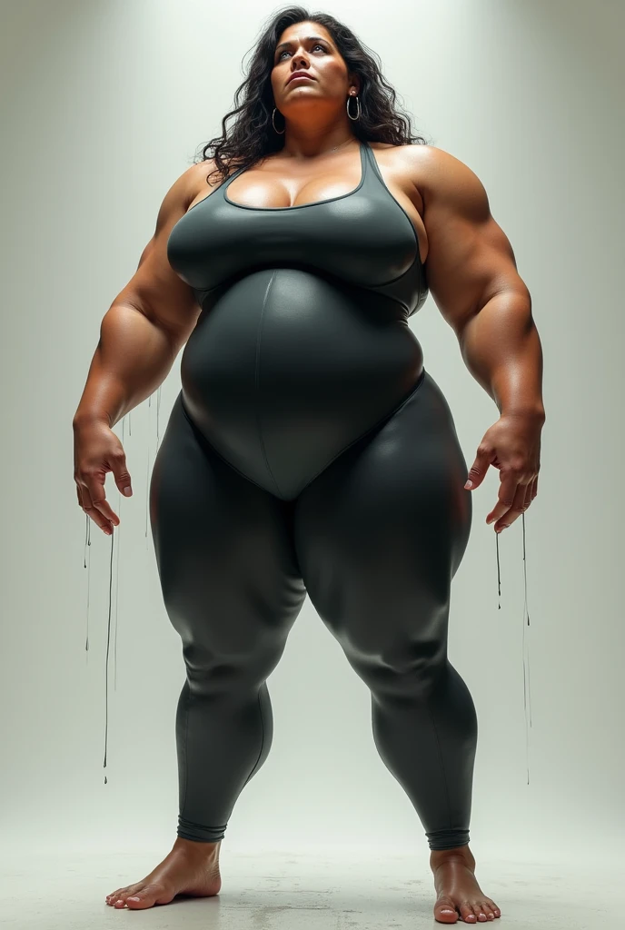 Big ass woman sweating in a very tight physics suit