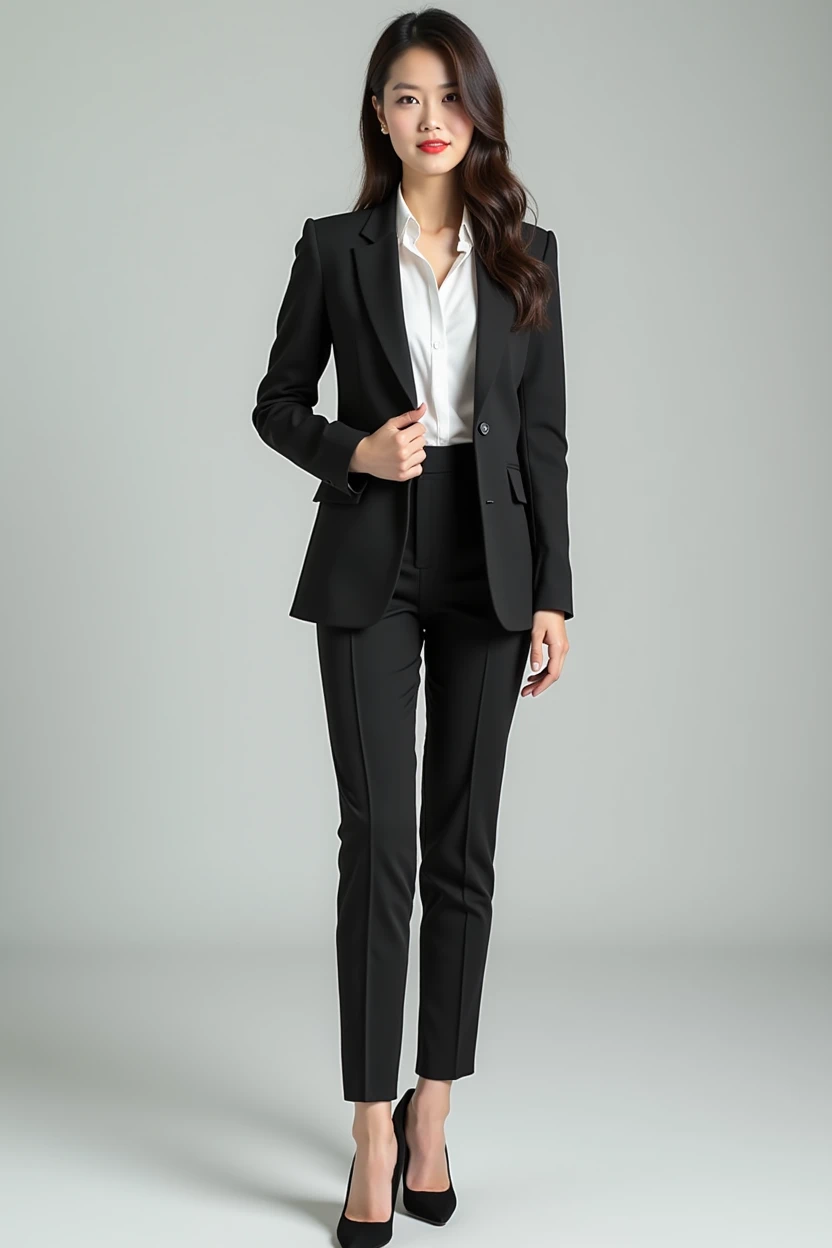 Create a full-body image of an 18-year-old Asian businesswoman. She is dressed in a stylish blazer that is slightly revealing, wearing high heels, exuding a sense of youthfulness and success