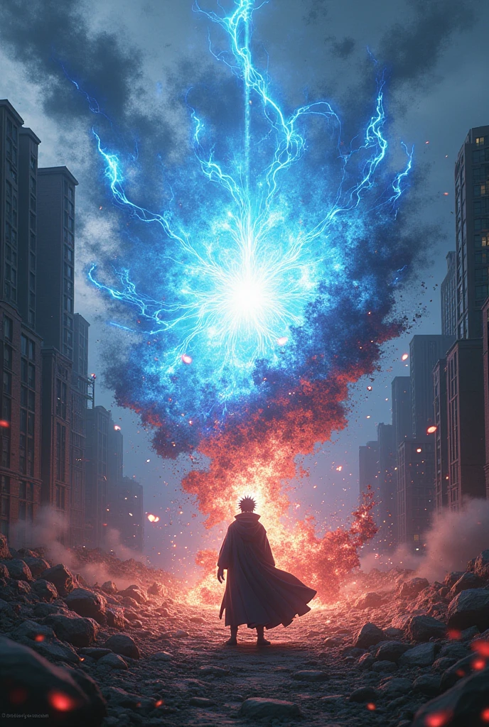 (((gojo vs madara))), deathmatch, magnificent effects, ruined city background