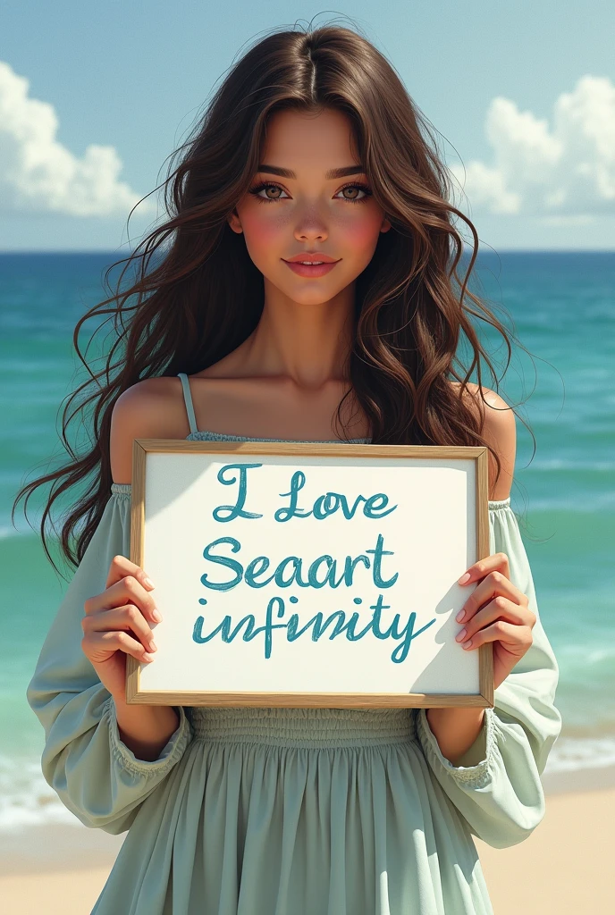 Beautiful girl with wavy long hair, bohemian dress, holding a white board with text "I Love Seaart Infinity" and showing it to the viewer