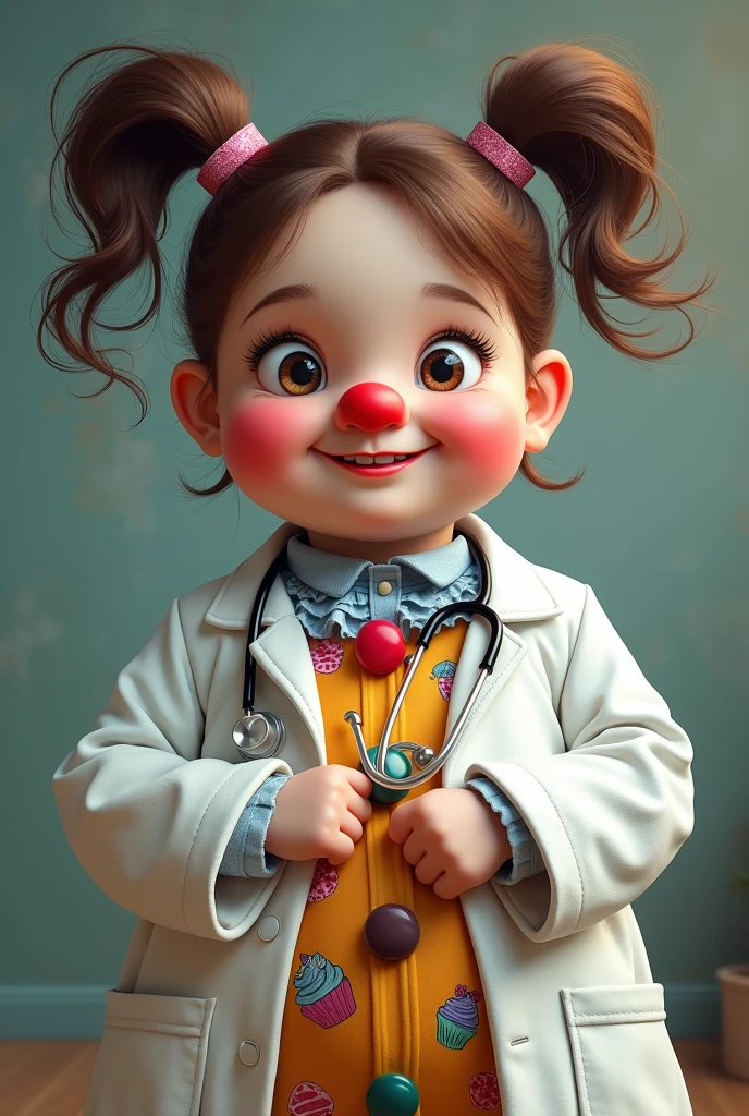 chubby female doctor in white coat , stethoscope around the neck and clown suit with drawings of sweets and cakes ,who wears a red nose and has brown hair with two pigtails .