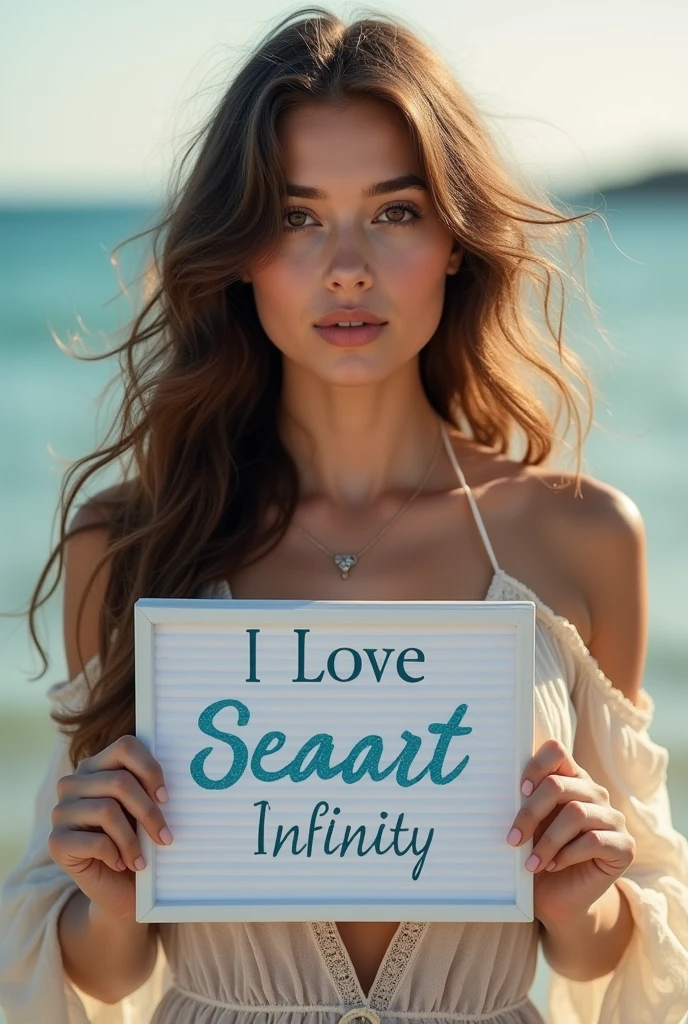 Beautiful girl with wavy long hair, bohemian dress, holding a white board with text "I Love Seaart Infinity" and showing it to the viewer